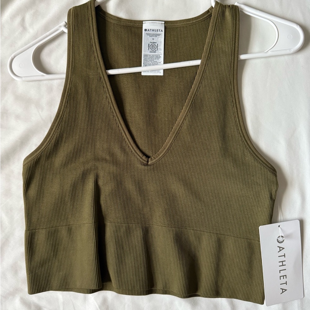 Athleta Khaki Ribbed V-Neck Crop Top